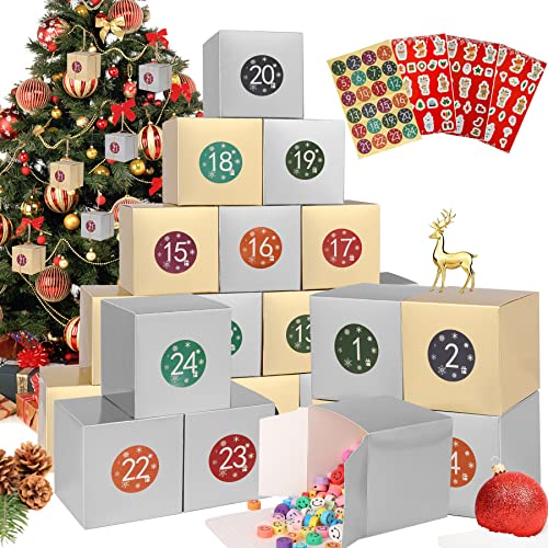 24 Noël Calendrier Boites Cadeau, Boîtes Calendrier de l'avent DIY Calendrier de l'avent Avec Des Autocollants de Numéro d'animal et Autocollants de Numéro de Couleur (doré+argent) Cover