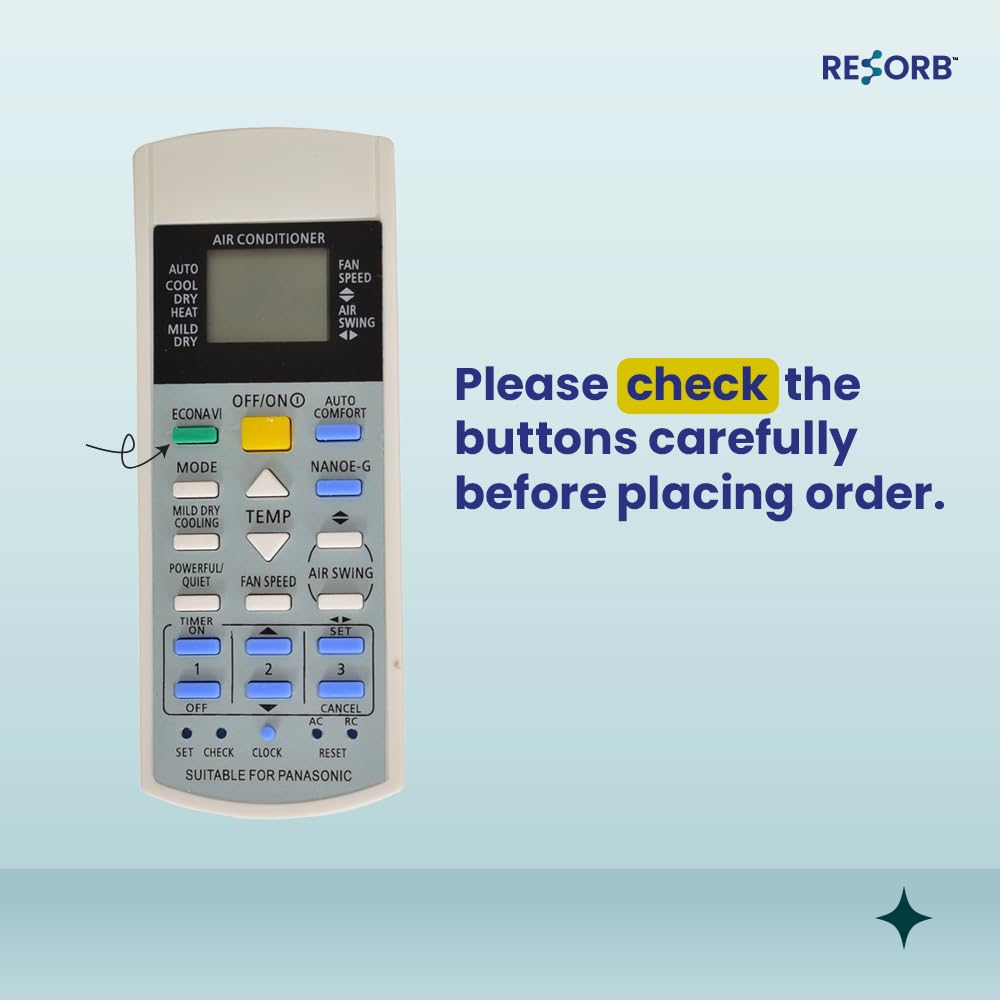 RESORB RE 29B AC Remote Control Compatible for Panasonic Split Inverter AC Temperature Controller A75C3300, A75c3208 A75c3706 A75c3708 (Old Remote Exactly Same Remote Will Only Work) 1