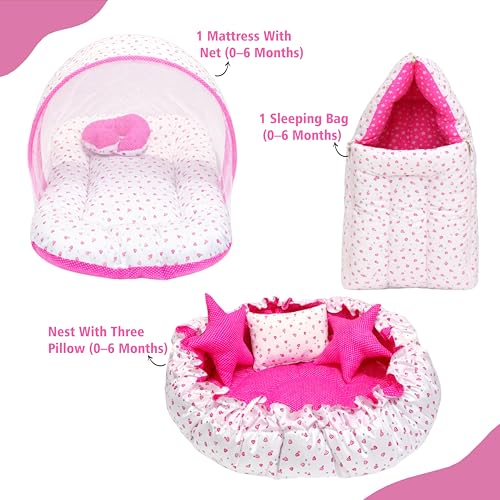Image of Infantbond Baby Sleeping Essential Reversible Nest|Mattress With Net|Carry Bag(0-6 Months,Total Items:9) (Pink Heart),9 Count