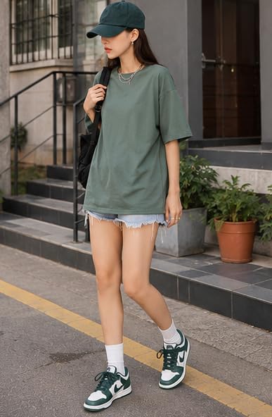 Image of London Hills Women's Cotton Loose Casual Round Neck Solid, Drop Shoulder T-Shirt Pack of 2