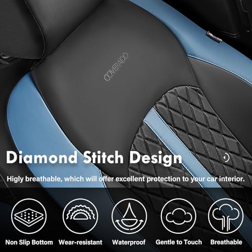 Image of Coverado Universal Leather Seat Covers Full Set for 5 Seats - Waterproof, Durable All-Weather Protector for SUV, Pickup Truck, Sedan, Blue&Black