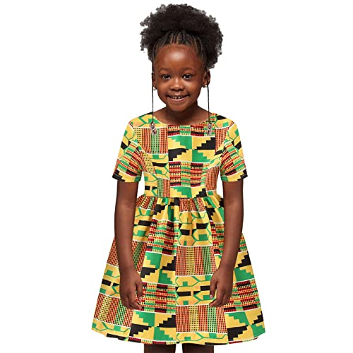 KAGAYD Girls Girls Traditional Outfits Short Sleeve Princess African Dress Kids Toddler Ankara (Yellow-4, 4-5 Years)