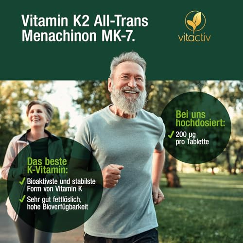 VITACTIV Vitamin K2 Tabletten 200 µg - 180 Stück (180) - Vitamin K2 MK7 All Trans Menaquinon - Für Knochen & Blutgerinnung, Alternative zu K2 Tropfen - Hochdosiert, hohe Bioverfügbarkeit, Vegan