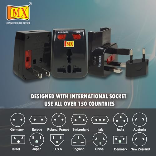 Image of MX Universal Travel Adapter with USB Port, International Power Plug with LED Indicator and Built-in Fuse, All in One Multi Country Adapter for US UK EU AU, Compact Travel Charging Solution