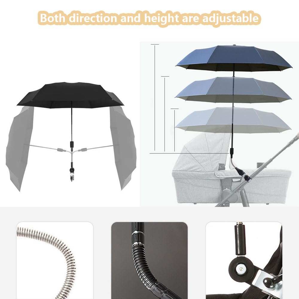 sonnenschirm kinderwagen uv schutz, kinderwagen sonnenschirm 360° Flexibler Sonnenschutz sonnenschutz buggy, 95 cm Durchmesser, Schützt effektiv vor Sonnenlicht und Regen, Schwarz