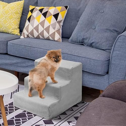 Haustiertreppe Hundetreppe 30 cm - Treppe 3 Stufen Plüsch-Bezug waschbar - Katzentreppe Hunderampe für Bett, Sofa, Couch und Auto - Bezug Grau