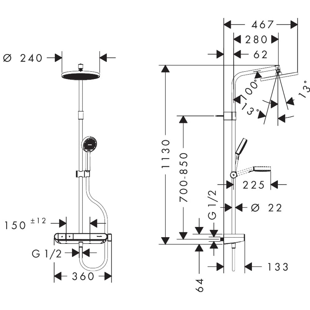 hansgrohe Activera S - sistema de ducha con termostato, max. 6 l/min (EcoSmart), ducha lluvia (240 mm) con grifo, ducha de mano (2 tipos de chorro), flexo, barra, ducha fija, negro mate, 28639670