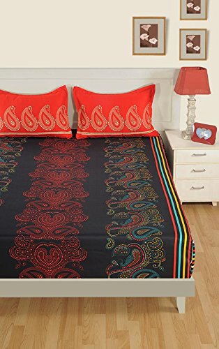 Swayam 250 TC Motifs Print Cotton Satin Fitted Double Bed Sheet with 2 Pillow Cover - Black, Red-(1668-DFT)