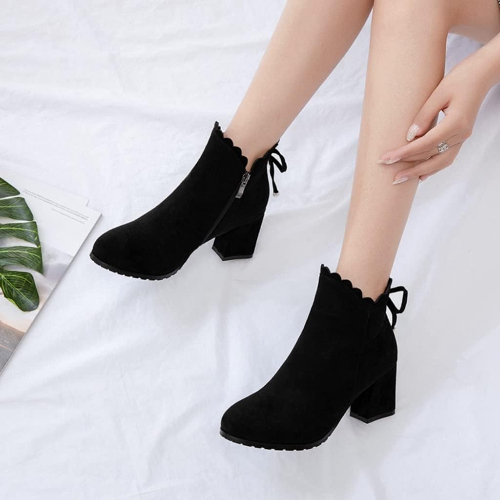 Women's Round Toe Bow Dressy Ankle Boots Suede Side Zipper Chunky Block High Heel Dress Short Booties
