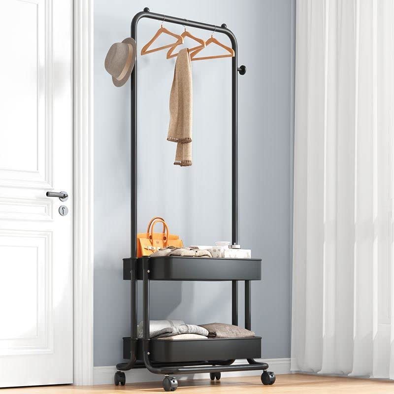 HerlaClothing Racks, Freestanding Trolley Coat Rack with Wheels, 3-in-1 Garment Rack for Storage, Clothes Rack, Heavy Duty Garment Racks with 2 Tier Metal Basket for Home Bedroom Laundry Entryway