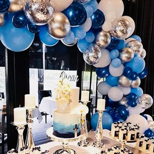 Image of Navy Blue Silver Balloons Set, 60 PCS Blue Silver White Metallic Confetti Latex Balloons for Boys Men Birthday Wedding Space Theme Party Decorations