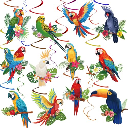 Image of 58 Pcs Tropical Birds Hawaiian Hanging Swirl, Tropical Toucan Parrot Party Foil Ceiling Hawaiian Rainforest Birds Decor for Summer Beach Pool Tiki Wedding Birthday Party Supplies