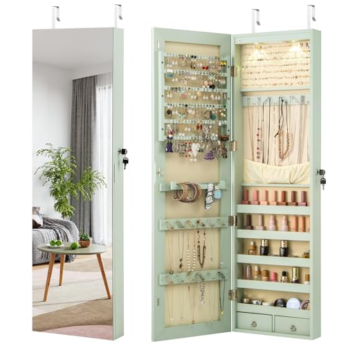 GOPLUS Espejo Joyero, Armario Joyero de Pared o Colgante de Puerta con Espejo de Cuerpo Entero, Luz LED, Cajones, Ranuras para Pendientes y Anillos, Organizador de Almacenamiento para Joyas (Verde)