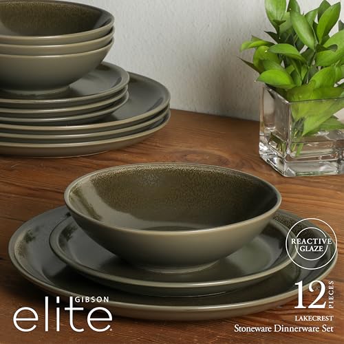 Image of Gibson Elite 12 Piece (Service for 4) Lakecrest Plates and Bowls Reactive Glaze Round Dishes Stoneware Ceramic Dinnerware Set - Dark Green