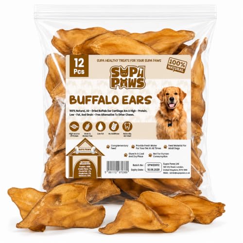 Supa Paws 12 Pieces 100% Beef Air Dried Cow Ears for Dog 100% Natural Beef Pet Treats Long Lasting Dog Treats Hypoallergenic & Low Fat Dog Chews Dental Treats Grain & Gluten Free Beef Ears 12 Pack