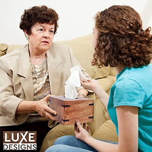 Luxe Designs Decorative Rectangular Wooden Tissue Dispenser with Slide-Out Bottom - Rustic Mango Wood Tissue Box Cover for Bathroom, Car, or Office Desk - 6.4 x 10.2 x 4.5 Inches, Natural