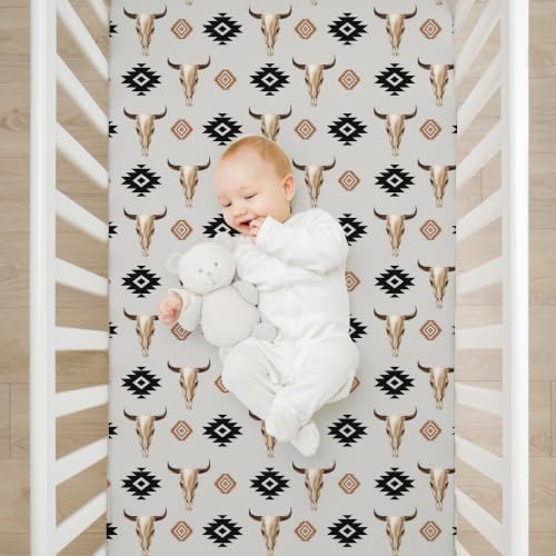 Image of 4 Pack Western Crib Set for Baby Boys, Soft Breathable Fitted Crib Sheet 28 x 52 in, Aztec Cowboy Nursery Decor for Standard Crib and Toddler Bed Mattresses