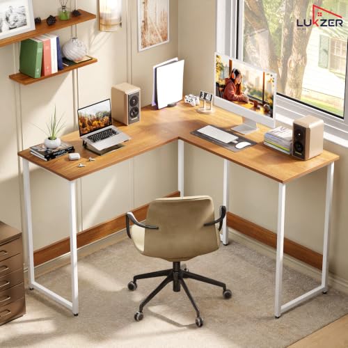 Image of Lukzer L-Shaped Study Table for Home or Office (MST-007 /White & Oak Brown) Metal & Engineered Wood Corner Computer Desk, Laptop & Gaming Station for Students and WFH (110 x 110 x 75 cm) Easy DIY