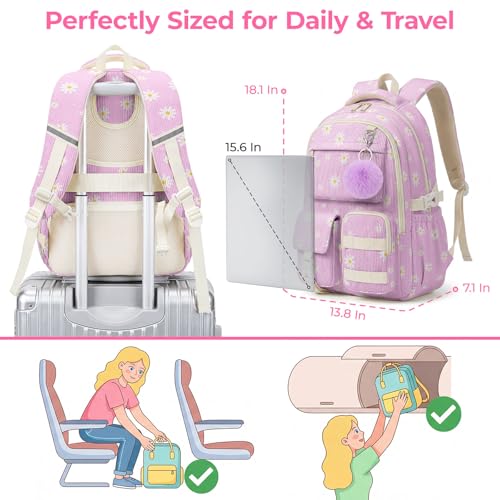 Mochila escolar de pana para niñas adolescentes, morada con flores miniatura 2