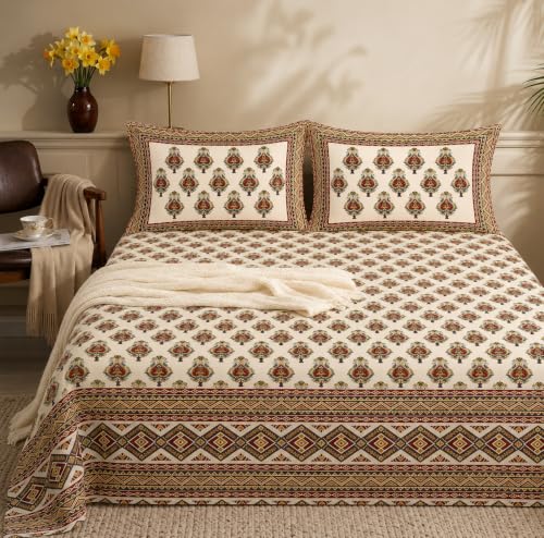 Image of BSB HOME 240 TC Cotton King Size Bedsheet, Premium Soft Breathable Floral Printed Double Bed Sheet, Bed Cover for Bedroom, Durable Bedding, 90 x 100 Inches (229 x 254 cm) - Rust Red