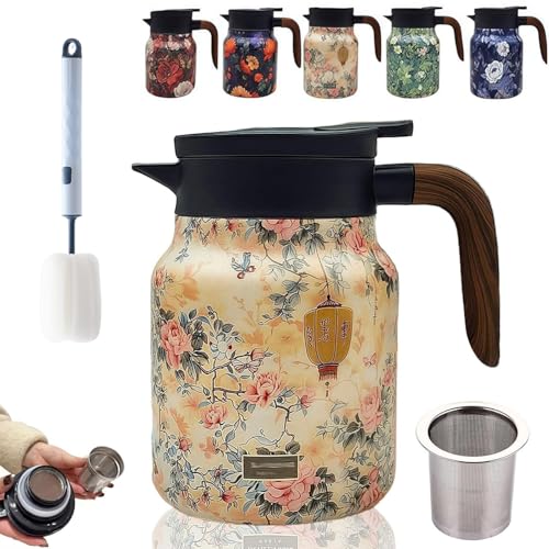 Tetera, Termo For Té Con Estampado Floral Vintage, Infusor Incorporado, Jarra Térmica Portátil Con Tapa(Pink,1000ml)