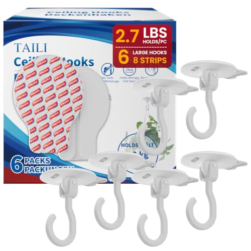 Image of TAILI Adhesive Ceiling Hooks for Hanging Plants, Removable 6 Pack White | Heavy Duty Hold Up to 2.6 lbs, No-Drill Sticky Wall Hooks, Hanging Christmas Lights Garland, Renter Friendly