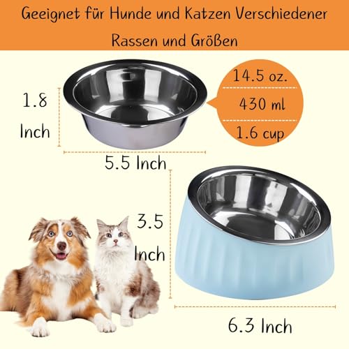 Sinbeon Katzennapf, 2 Stück 15° Schräg Futternapf Katze Edelstahl Set Mit Rutschfester Unterseite, Erhöhter Fressnapf Katze Hundenapf für Wasser Snack
