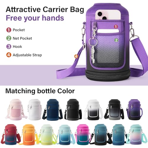 Insulated Water Bottle | Thickened Stainless Steel Vacuum Metal | Portable Sports Half Gallon Large Water Jug for Gym and Hiking with Straw, Carrier Bag, Handle Strap | BPA-Free 64 oz