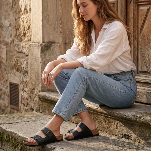 Image of ZURIN Genuine Leather Sandals for Women,Cork Footbed Slide Platform Sandals with Arch Support, Suede Double Buckle Slip On Slides for Summer Beach Walking Indoor Outdoor