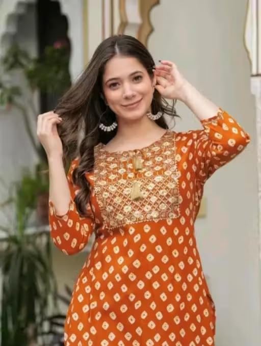 Image of Women Printed Cotton Rayon Kurti | Stylish A-Line Casual & Office Wear Kurta for Women | 3 /4 Sleeve | PF20