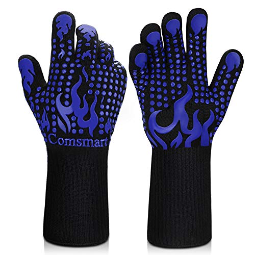 Image of Comsmart BBQ Gloves, 1472F Heat Resistant Silicone Non-Slip Oven Mitts, Long Kitchen Gloves Perfect for Grilling, Cooking, Baking, Cutting, Blue