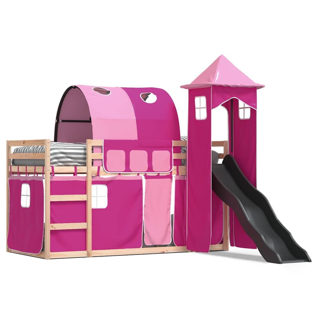 Hochbett mit Rutsche und Vorhängen Rosa 80x200 cm - Kinderbett aus Kiefer-Massivholz mit Leiter Turm Tunnel und Rausfallschutz - Spielbett für Kinderzimmer
