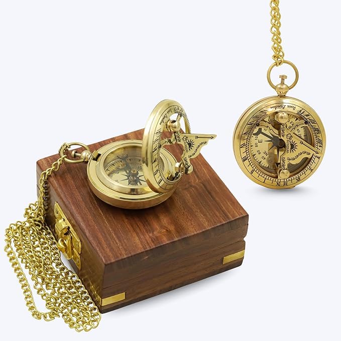 Brújula de latón con sundial y caja de madera, 2 pulgadas miniatura 1