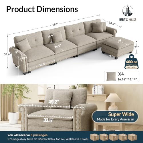 Image of HERA'S HOUSE 150 inch Oversized L Shaped Modular Sectional Couch Living Room | Mid-Century Modern 5-Seater Cloud Sofa, Light Gray, Rolled Arms & Nailhead Trim, Wider & Deeper Seats, Ottoman, Linen