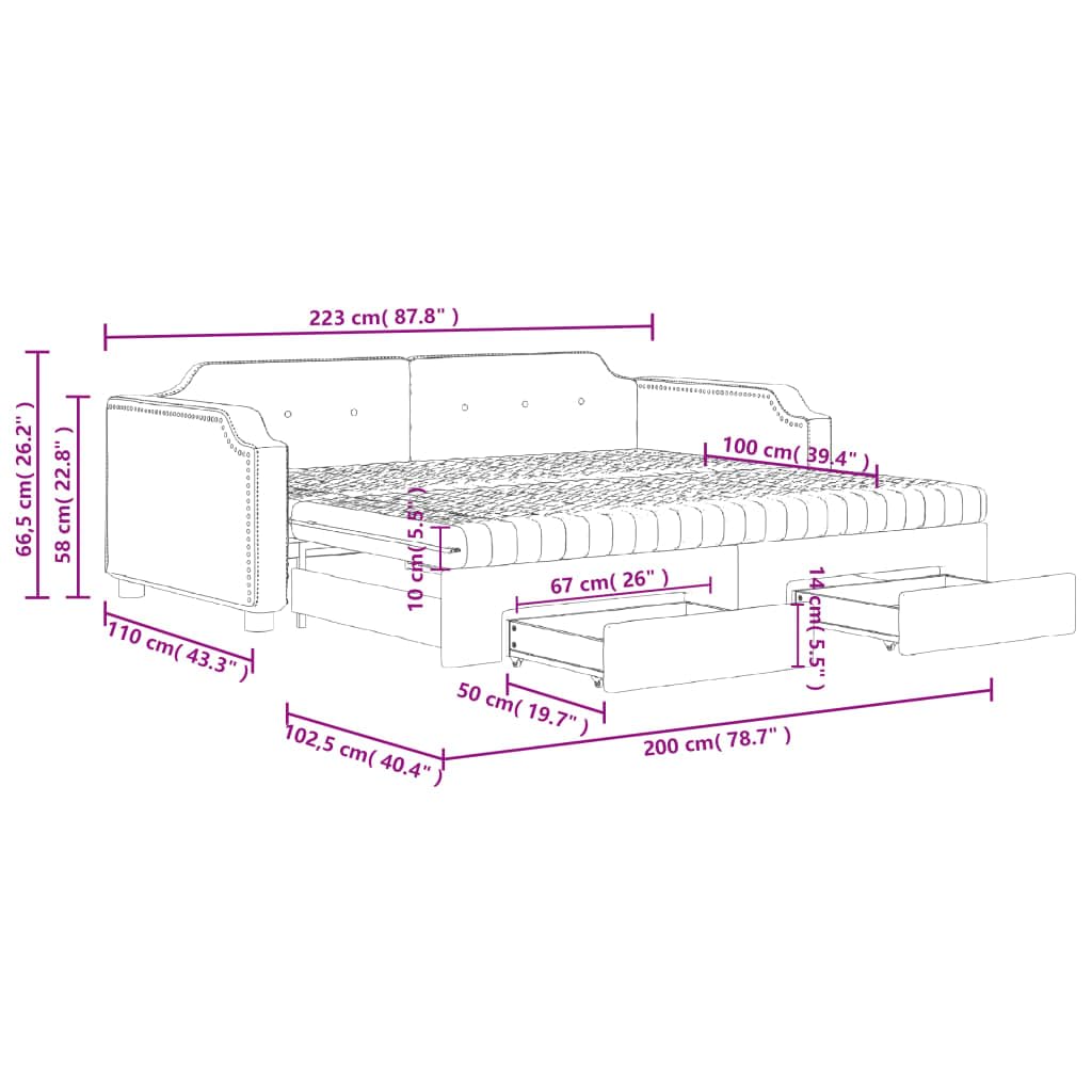 Tagesbett Ausziehbar mit Schubladen Dunkelgrau 100x200 cm Stoff, Polsterbett mit Lattenrost, Stauraum und Komfort, stabiles Bettgestell für Gästezimmer, platzsparende Schlaflösung