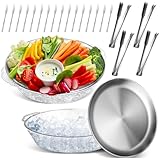 Baderke 2 Sets 11.8" Chilled Serving Tray for Parties Round Iced Platter with Ice Underneath Stainless Steel Clip Fruit Fork Shrimp Cocktail Serving Dish for Oysters Crawfish Fruits (Original)