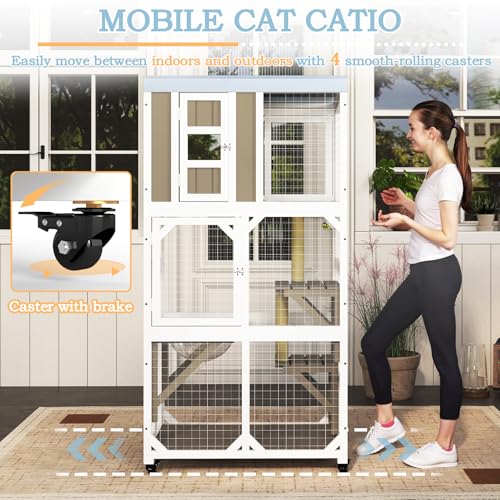 Image of Ketive 64 inch H Large Wooden Catio Outdoor Cat Enclosure with Wheels