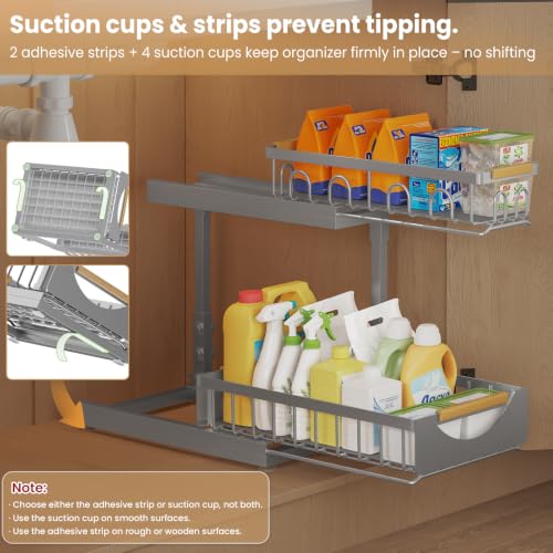 Image of Under Sink Organizer and Storage for Bathroom and Kitchen - 2 Pack 2 Tier | Cabinet Pull Out Shelf Organizers - Slide Out Drawer Organization for Home Cabinets Shelves and Drawers