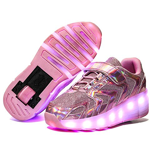 Kids Roller Skate Shoes with Single Wheel Shoes Sport Sneaker Led Rechargeable Retractable Flashing Sneakers for Unisex Girls Boys Beginners Gift Pink-USA 13.5