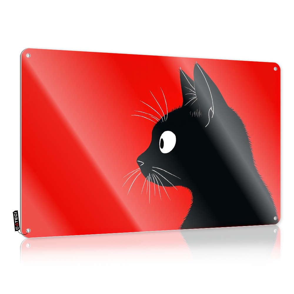 Statue, Tin Wall Decor Funny Gift For Fisherman Wall Decor, Stunning Rustic Metal Tin Sign For Man Cave | Camping Holiday Gift Custom A Black Cat With White Whiskers On A Red(20X30CM)
