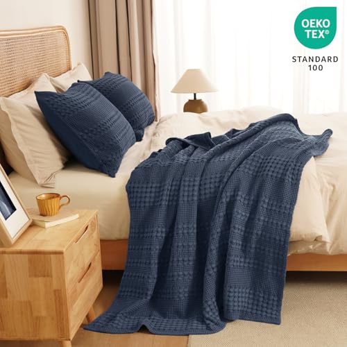 Image of PHF 100% Cotton Waffle Throw Blanket for Couch, Lightweight Breathable and Soft for Summer, Luxury Aesthetic Waffle Weave Blanket for Home Decor & Office, Gifts for Women, 50 inchx60 inch, Indigo