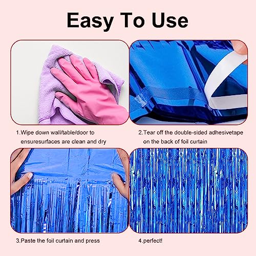 Image of 2 Pack 3.28 ft x 6.56 ft Blue Tinsel Curtain Party Backdrop Decorations, Metallic Foil Fringe Backdrop Door for Halloween, Christmas, Birthday Graduatio