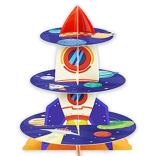 Space Party Decorations Rocket Cupcake Stand For Kids Outer Space Birthday Party Supplies 3Tiers Cupcake Holder Space Baby Shower Dessert Tower #TOP22