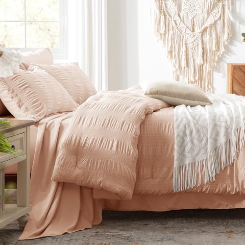 Image of Zzlpp Full Comforter Set 7 Pieces, Pink Seersucker Bed in a Bag with Comforter and Sheets, All Season Bedding Sets with 1 Comforter, 2 Pillow Shams, 2 Pillowcases, 1 Flat Sheet, 1 Fitted Sheet
