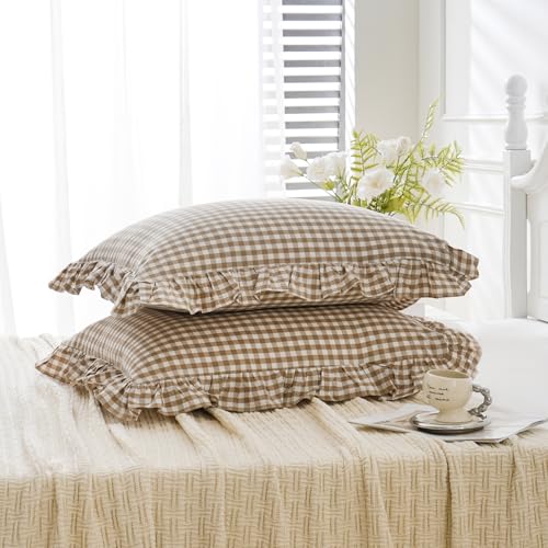2 Pack Taupe White Plaid Gingham Ruffle Pillow Shams Standard Size 20x26 inches, 100% Washed Cotton Checkered Farmhouse Pillow Covers for Bed/Sofa (20x26 inches,Taupe/White Plaid)
