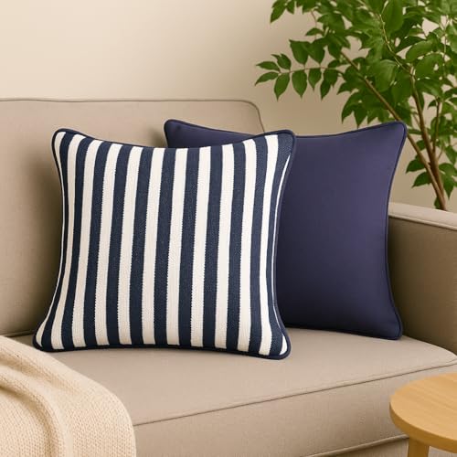 Image of Pack of 1 Reversible 20x20 Navy Stripe Cotton Woven Fashion Throw Pillow Covers Cases for Couch Sofa Home Decoration | 50 x 50 cm