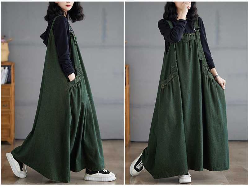 Image of Boho Jumper Dress for Women Loose Overall Pinafore Dresses Adjustable Straps Wide Hemline with Pockets Baggy Style