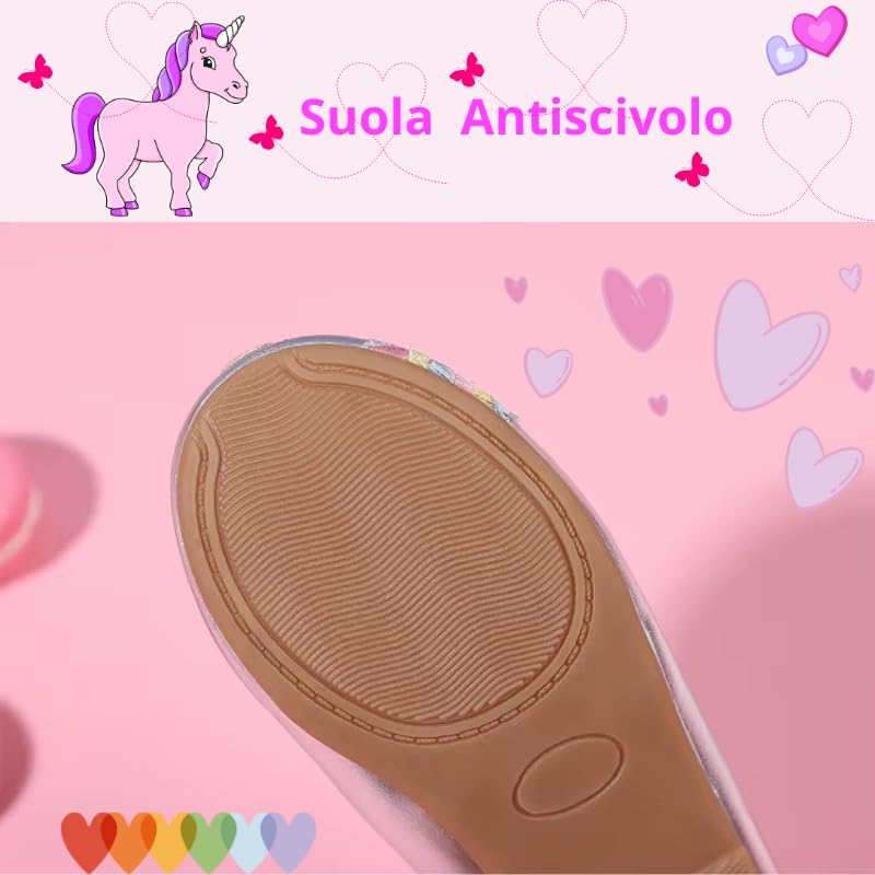 Ballerines pour Fille avec Licorne, Chaussures Basses Décontracté, Couleurs Métallisées, Semelle Arc-en-ciel Antidérapant