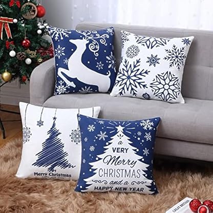 4 PCS Weihnachten Kissenbezüge Weihnachtskissenbezug Schlafzimmer Schneeflocken Rentier Dekokissen Weihnachten, Weihnachten Kissen Kissenhülle für Weihnachtsdeko Christmas Kissenhülle (Blue, One Size) – Bild 7