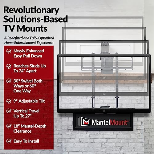Image of MantelMount MM540 - Above Fireplace Pull Down TV Mount for 44 inch to 80 inch Screen TVs to 90 lbs, with Patented auto-straightening, Adjustable Stops, Heat Sensor Handles & Paintable Covers